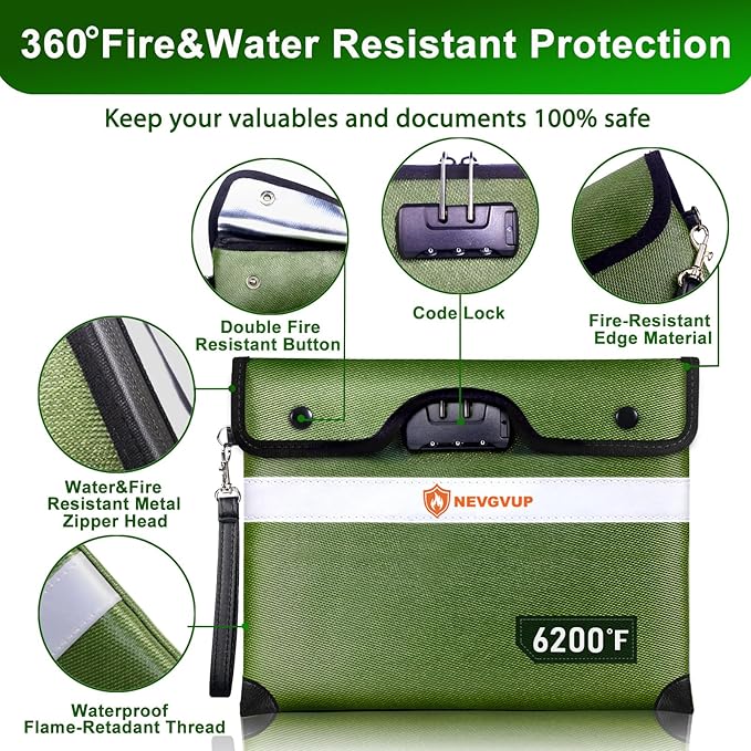 Upgraded 6200°F Fireproof Document Bag with Lock, Fire proof Money Bag for Cash with Zipper/Reflective Strip, 9 Layer of Heat Insulated Material, Water Resistant Fireproof Bags for Documents,Safe Bags