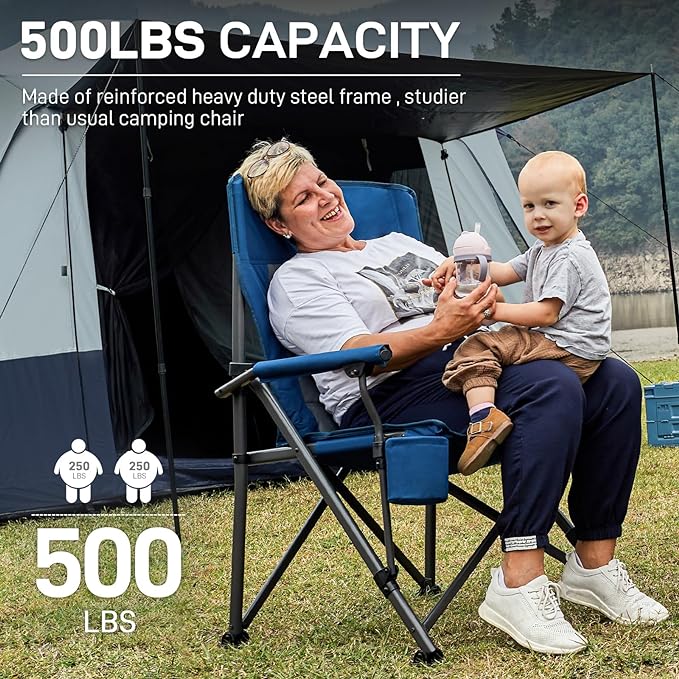 EVER ADVANCED Oversized Folding Camping Chair for Adults, Heavy Duty Lawn Chair with Side Pockets, Portable Collapsible Quad Chair for Outside, Support Up to 500lbs