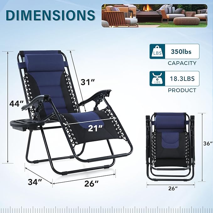 MFSTUDIO Padded Zero Gravity Recliner Chair Set of 2, Folding Patio Lounge Chairs with Adjustable Pillows & Cup Holder for Poolside Backyard, Support 350lbs(Blue)