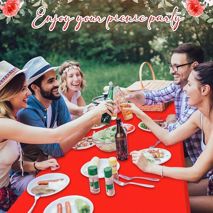 Irenare 3 Pcs Picnic Table and Bench Fitted Tablecloth Cover for 6 Ft Table 30 x 72 Inch Vinyl Fitted Elastic Edges Waterproof Wipeable Tablecloth for Indoor Outdoor Picnics Patio Camping (Red)