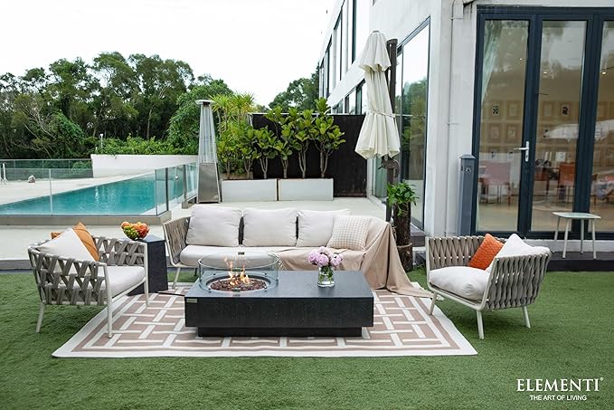 Elementi | Bundle Metropolis Gas Fire Pit Cast Concrete 56" Rectangular Fire Table, Outdoor Fire Pit Electronic Ignition | Canvas Cover, Lava Rock Included | Dark Gray (Natural Gas)