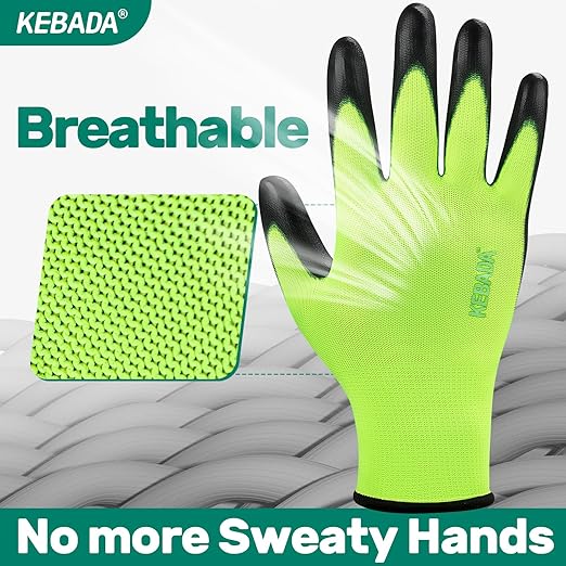 Kebada W1 Work Gloves for Men and Women, PU Coated Safety Gloves with Grip, Touchscreen, Ideal for Warehouse Package Handling, Construction, Gardening, Green Large