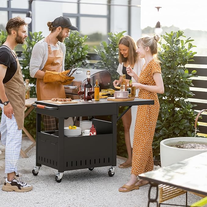 Outdoor Grill Table Cart for Blackstone 28"/36" Omnivore Griddle, 50" x 22“ Large Prep Station Grill Stand with Foldable Side Table for Blackstone 17”/22” Griddle, Ninja Woodfire, Ooni Pizza Oven