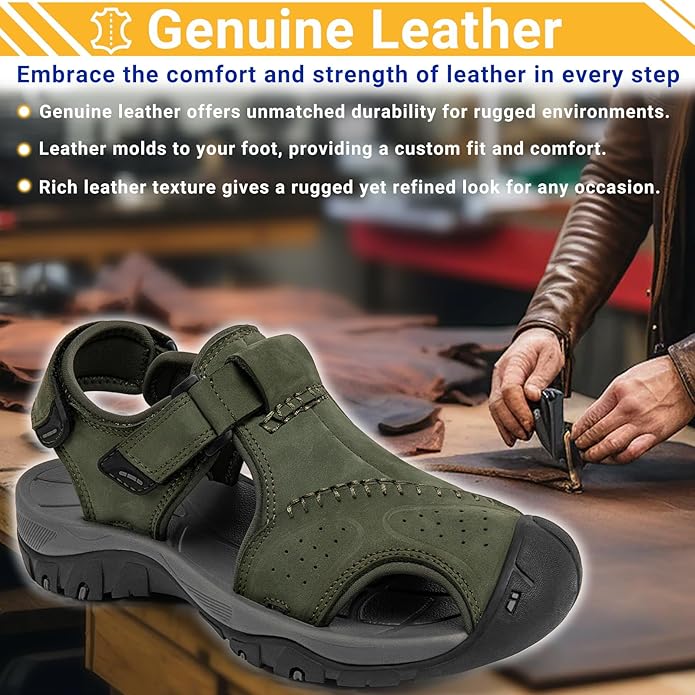 Men's Sport Sandals Closed Toe Leather Hiking Athletic Walking Outdoor Beach Trail River Fishing Water Shoes Lightweight Comfortable Waterproof