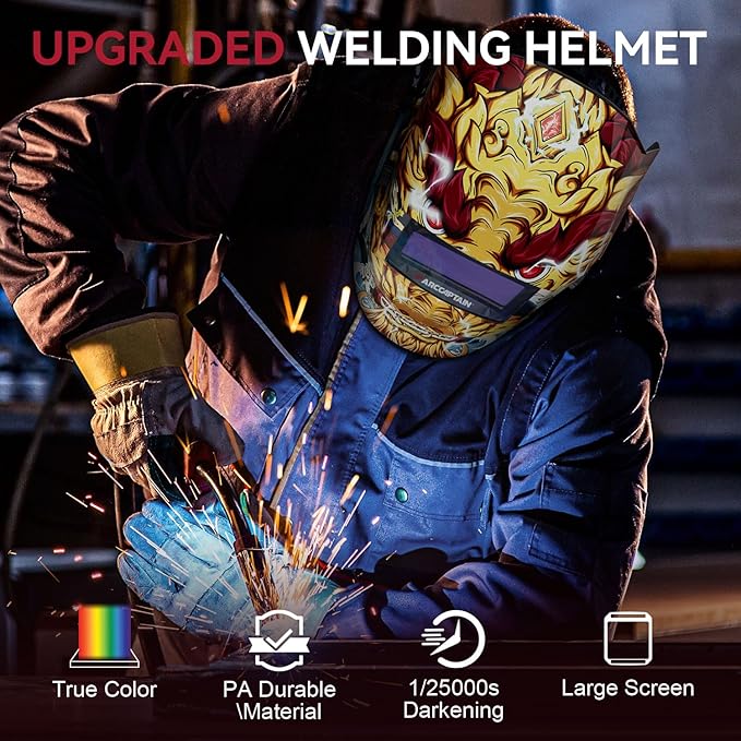 ARCCAPTAIN True Color Welding Helmet, 4 Arc Sensor Auto Darkening Welding Hood, Solar Powered Welding Mask, 1/1/1/1 Top Optical Clarity Welder Helmet, Wide Shade 4/9-13 for TIG MIG ARC， color12