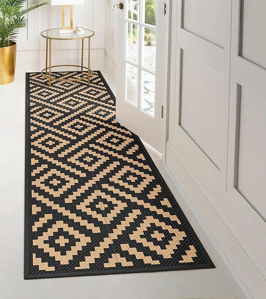 GENIMO Outdoor Rug 2.5'x8' Waterproof, Reversible Camping Mat, Plastic Straw Rugs for Patio, RV, Camper, Balcony, Backyard, Picnic, Deck (Black & Brown)