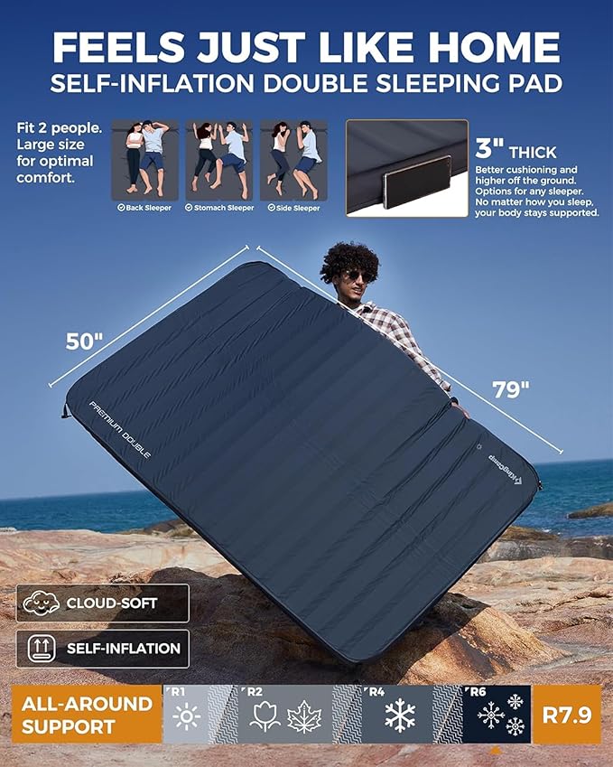 KingCamp Self Inflating Sleeping Pad, R 7.1/7.9 Dual Sided Air & Foam Camping Mattress 2 Person for All Seasons, 3" Thick Full Size Double Sleeping Pad for Camp Tent Outdoor Car, PVC Free