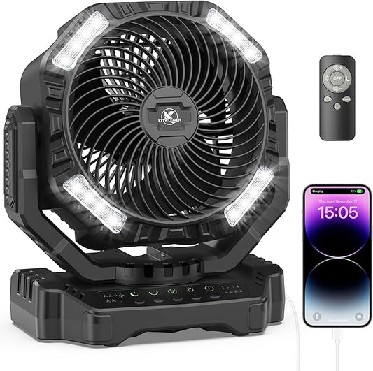 40000mAh Battery Powered Camping Fan - 136H Max Cooling, Rechargeable Battery Operated Oscillating Floor Fan with Charger, Remote & Hook, Portable for Tent Outdoor Patio Garage Hurricane Power Outage
