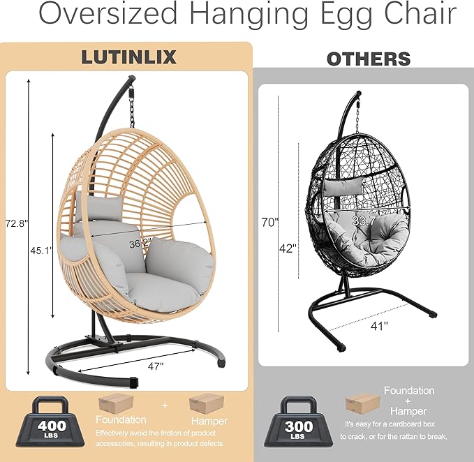 Oversized Hanging Egg Chair Outdoor Indoor, Wicker Swing Egg Chair with Stand 400lbs Capacity for Bedroom, Patio, Garden and Balcony (Beige-Regular, Oversize)
