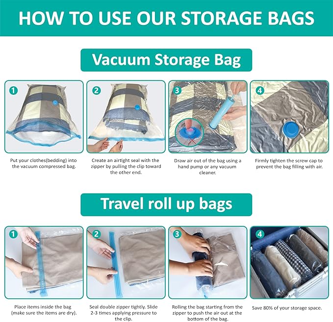 16 Pack Vacuum Storage Bags, Space Saver Bags (2Jumbo/2Large/3Medium/3Small/6Roll) Compression Storage Bags for Comforters and Blankets, Vacuum Sealer Bags for Clothes Storage, Hand Pump Included