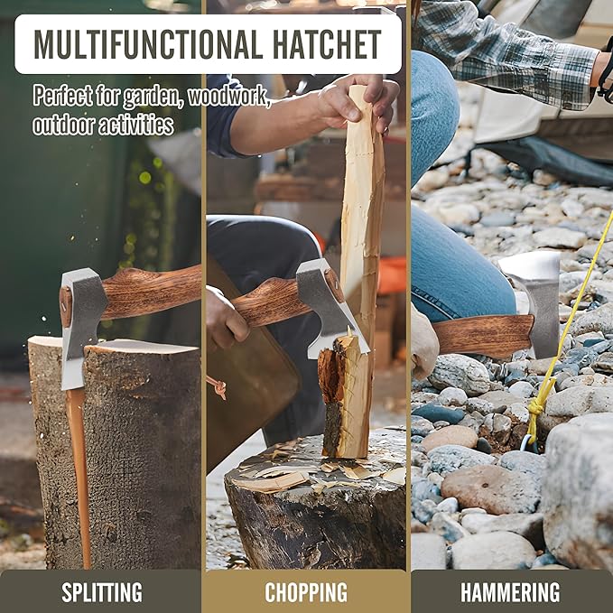 ROCKYGIANT 13'' Camping Axe with Sheath, Hand Forged Hatchet for Wood Chopping,Spling and Kindling, Brushcraft Axe for Outdoor Survival and Garden, Hickory Wood Handle