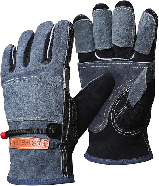 YESWELDER Leather Work Gloves for Men or Women，Suitable for welding & gardening etc. Cowhide leather with cotton lining, wrist closure, grippy and durable.Reinforced palm and finger,Black-gray L