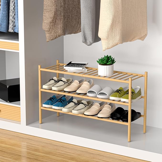3-Tier Bamboo Long Shoe Rack, Free Standing Wood Shoe Shelf Storage Organizer for Closet Entryway Stackable 35"x11"x20" (Natural)