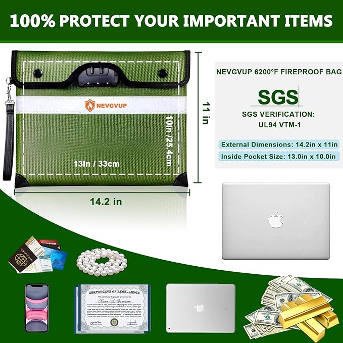 Upgraded 6200°F Fireproof Document Bag with Lock, Fire proof Money Bag for Cash with Zipper/Reflective Strip, 9 Layer of Heat Insulated Material, Water Resistant Fireproof Bags for Documents,Safe Bags