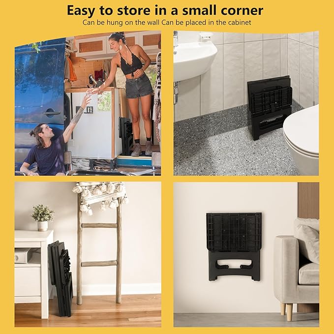 Amoise Folding 2-Step Stool, Non-Slip Portable Footstool 8'' & 17'' Dual Heights, Holds 300 lbs, Portable Footstool for Kitchen Home Toilet Bedroom Office Bathroom RV(Black)