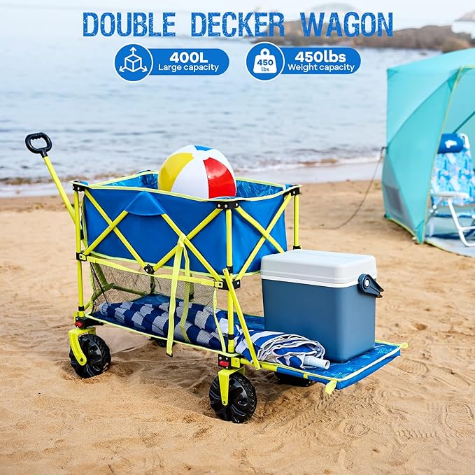 400L Collapsible Double Decker Beach Wagon with Brakes, Folding Beach Cart with 54" Extra Long Decker, 450LBS Heavy Duty Wagon Chart with All-Terrain Big Wheels for Sand Camping Garden