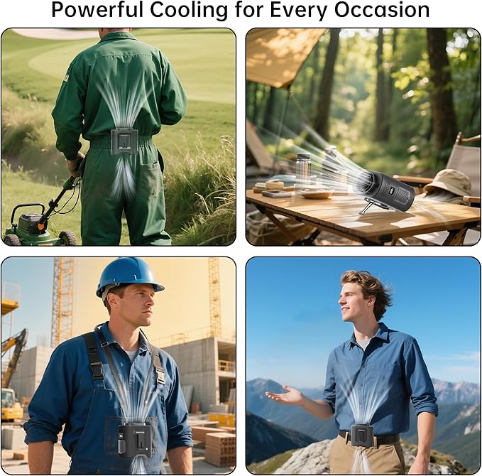 PANERGY Portable Waist Fan, 67H Runtime Wearable Fan with 4+1 Speeds, Storm Mode, 14500mAh Rechargeable Belt Fan with Dual Clip, Flashlight for Outdoor Jobsite(Black)