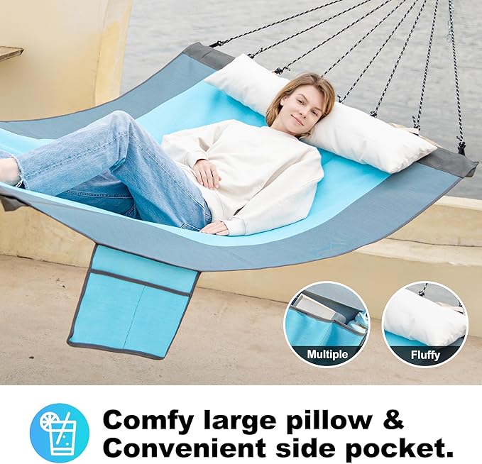 14ft 2 Person Outdoor Hammock, Portable Camping with Folding Steel Spreader Bar, Carrying Bag, Carabiners, Tree Straps, Pillow & Sidebag, Quick Dry Textilene, 550 lbs Capacity (Lakeside Aqua)