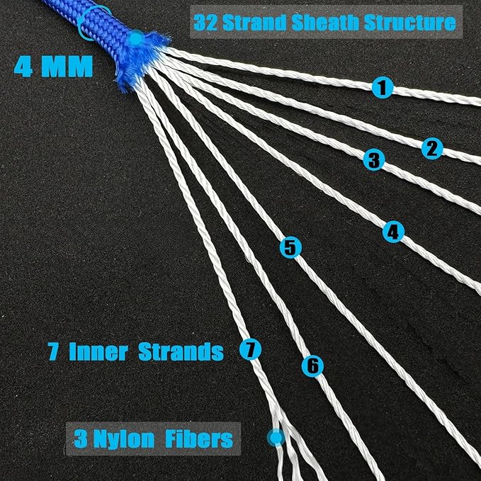 Paracord Nylon Rope Blue 100ft with 7-Strand Core, 10 Colors and 50/100/200 ft, Type III Parachute Cord 4mm for Camping, Survival, Hiking, DIY, Crafting, Outdoor Utility Rope