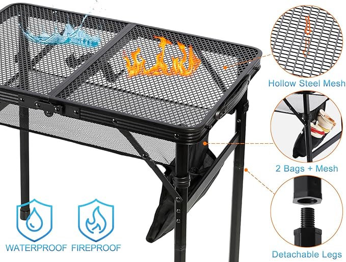 Small Floding Grill Table with Mesh Layer, 2 Height Adjustable, Portable & Lightweight Metal Camping Table for Outdoor, Beach & BBQ - Compact (2 FT, Black)