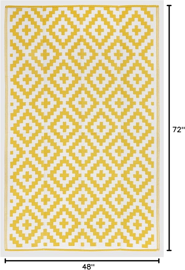 FH Home Outdoor Camping Rug - Waterproof, Fade Resistant, Reversible - Premium Recycled Plastic - Geometric - Picnic, Patio, Deck, Sunroom, RV - Aztec - Yellow & White - 4 x 6 ft Foldable