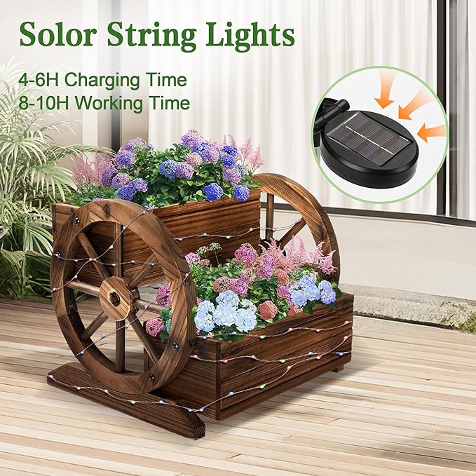 Wooden Wagon Planter Box with Solar Light, Garden Planter with Wheels,Decorative for Flowers Herbs Vegetables for Indoor & Outdoor Decor,Wooden Flower Cart for Patio Garden Balcony