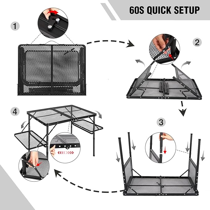 RedSwing Folding Grill Table with Extension Space, Adjustable Height Portable Large Stand Camp Table for Outdoor Indoor Camping Picnic BBQ, Black with Side Panels