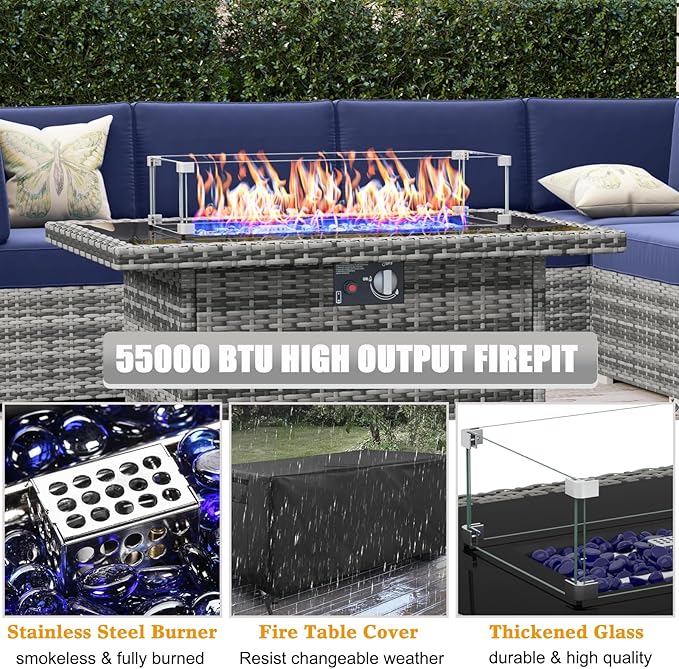 LayinSun 8 Piece Patio Furniture Set with 44" Propane Gas Fire Pit Table, Outdoor Sectional Conversation Set Wicker Rattan Sofa Set with Coffee Table