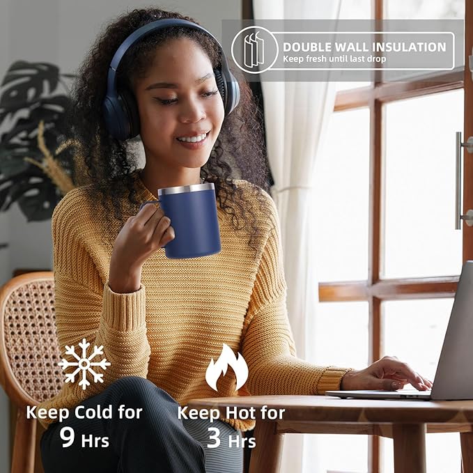 Volhoply 12oz Insulated Leakproof Coffee Mug with Flip & Straw Lid Bulk 8 Pack,Double Wall Vacuum Stainless Steel Travel Tumbler Cup with Handle,Reusable Camping Keep Cold/Hot(Navy,8 Set)