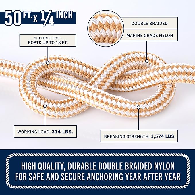 RainierSupplyCo Boat Anchor Rope - Double Braided Marine Rope Anchor Line - 50 ft x 1/4 Inch Nylon Boating Line with 316 Stainless Steel and Heavy Duty Marine Grade Bow Shackle - White/Gold