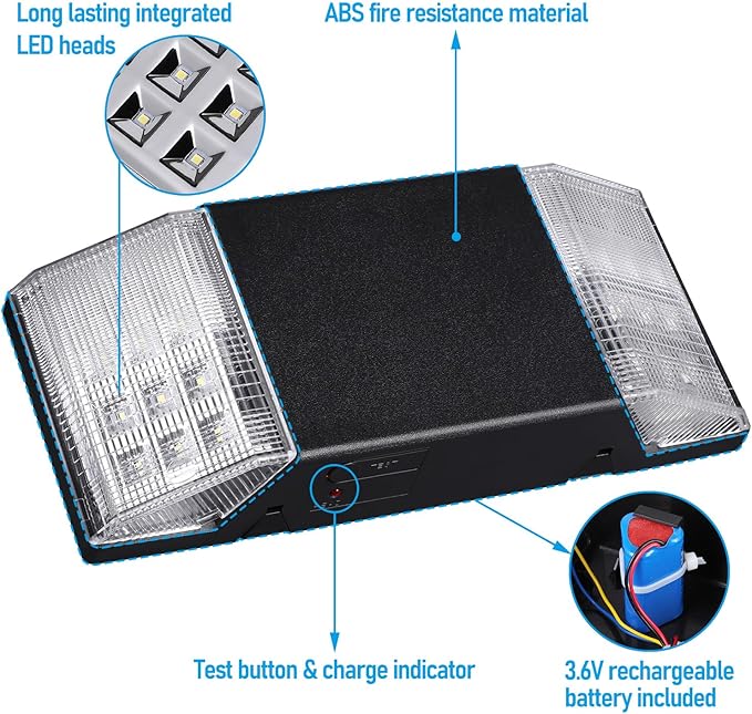 TORCHSTAR LED Emergency Lighting, Commercial Emergency Lights with Battery Backup, UL Listed, Two Square Heads, AC 120/277V, Hardwired Exit Light Fixtures for Business, Black, Pack of 4