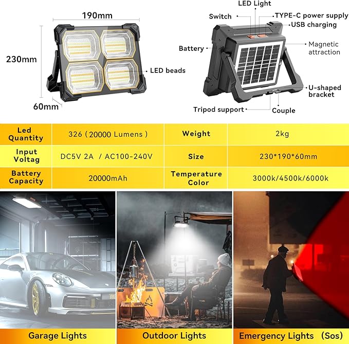 200W Led Work Light Rechargeable,20000MAh Solar Portable Light, 20000LM Magnetic Work Lights, 326 Led Battery Work Lights with Stand 5 Lights Modes IP66 Waterproof for Outdoor Camping Car Repairing