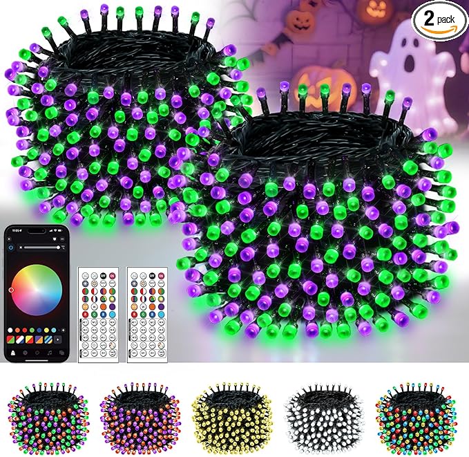 Smart Color Changing Halloween Lights, 2Pack 164FT 400LED Purple, Orange and Green App Control RGB LED String Light with Remote & Timer, Twinkle Christmas Tree Light Waterproof Halloween Decorations