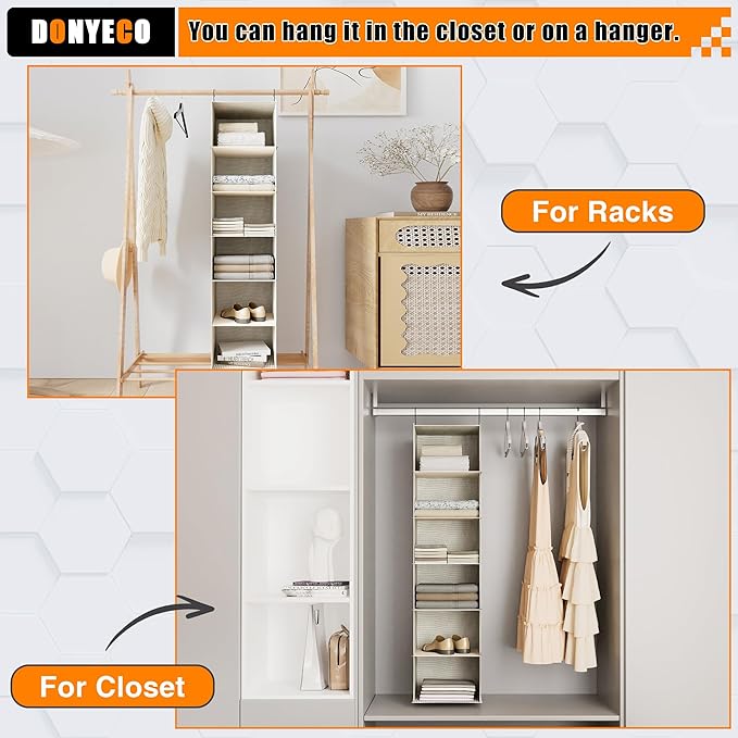 Hanging Closet Organizer, Easy Mount Foldable 6-Shelf Hanging Closet Wardrobe Storage Shelves, Clothes Handbag Shoes Accessories Storage, Imitation Linen Fabric, Beige Houndstooth