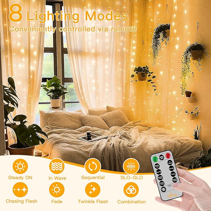 Ollny Curtain Lights 6.6x6.6ft, 200 LED String Lights with Remote 8 Modes Dimmable Timer, USB Power Fairy Light for Bedroom Backdrop Indoor Wall Window Wedding Decor, Warm White