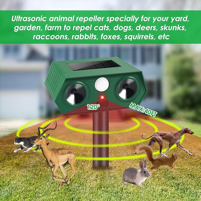 2025 Upgraded Solar Animal Repellent,Ultrasonic Animal Repeller Outdoor with Motion Sensor Cat, Squirrel, Deer, Dog, Raccoon, Skunk, Bird,Rabbit Repellent for Yard, Garden, Lawn,4 Pack