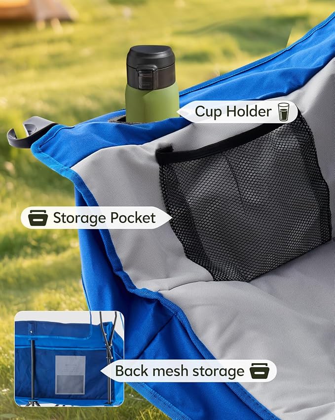 CLIPOP Double Camping Chair with Canopy, Portable Outdoor Folding Chair with Cup Holders, Side Pocket, Oversized Beach Chair with Canopy Shade for Lawn Patio Hiking, Blue