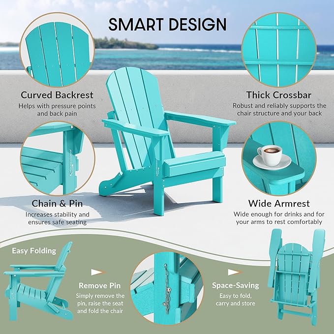WestinTrends Malibu 2 Piece Set Outdoor Folding Poly Adirondack Chair, Turquoise