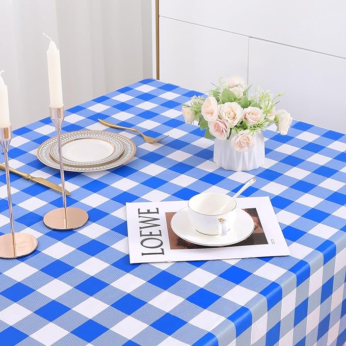 misaya Rectangle Waterproof Vinyl Table Cloth, Buffalo Flannel Backed Tablecloth, Wipeable Plastic Table Cover for Seaside, Picnic, Outdoor (52" x 70", White and Blue)