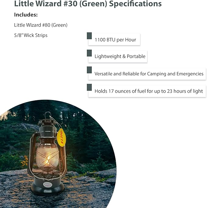 Light of Mine - Dietz #30 Little Wizard Green Oil Lantern with 5/8" Replacement Wick Strips (Green)