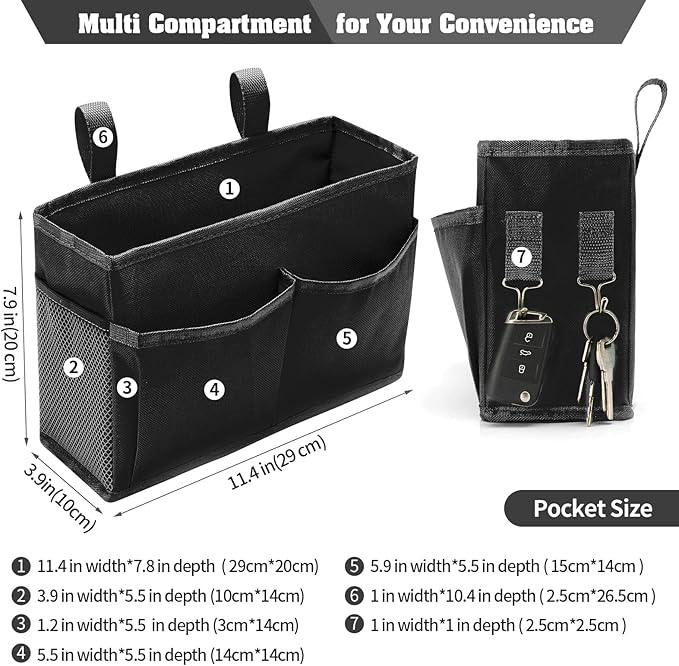 Bunk Bed Organizer, Bedside Caddy Hanging Bed Organizer Storage Bag with 4 Pockets and 2 Hooks, for College Dorm Rooms Bed, Hospital Bed, Baby Bed Rails, 600D Oxford Cloth (Black)