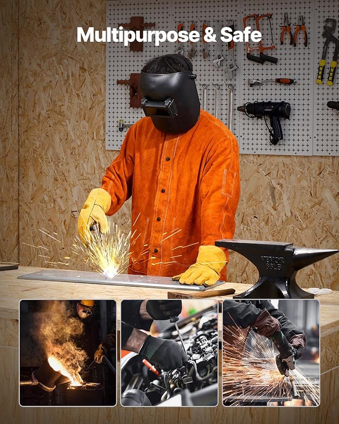 VEVOR Leather Welding Jacket, Heavy Duty Cowhide Flame Resistant Welding Coat, Waterproof Heat-Resistant Safety Jacket with 4 Pockets & Adjustable Cuffs for Welders Steelworks - XL Size