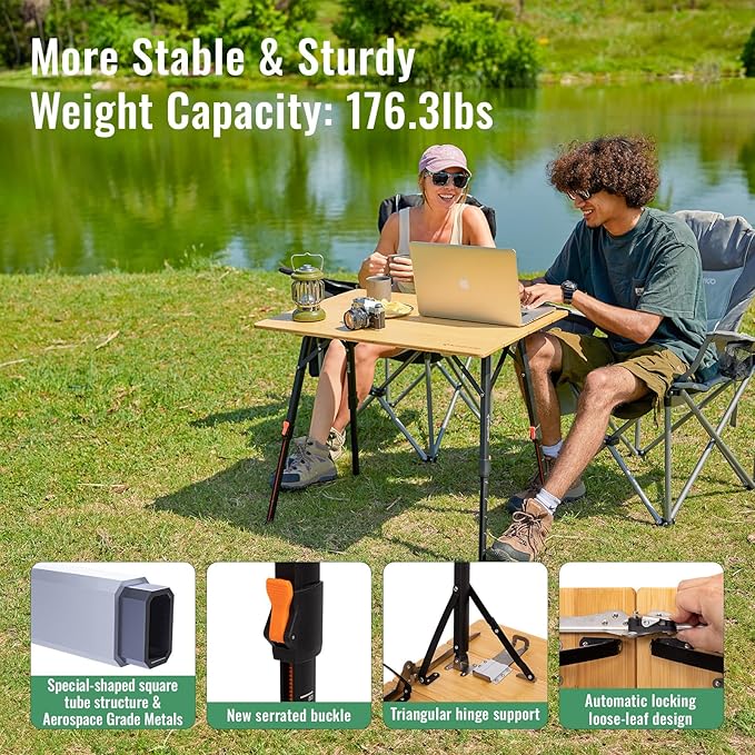 KingCamp Bamboo Folding Table, 4-Fold Camping Adjustable Height Portable Outdoor Lightweight & Compact Table with Aluminum Frame for RV Picnic BBQ Tailgating