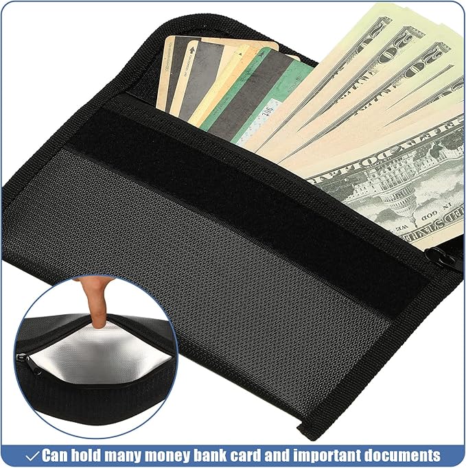 Leinuosen 6 Pack Small Fireproof Bag 8 x 5 Inch Fireproof Money Waterproof Pouch Document Bag with Zipper Silicone Coated Money Holder Safe Accessories for Valuables Passport(Black and Silvery)