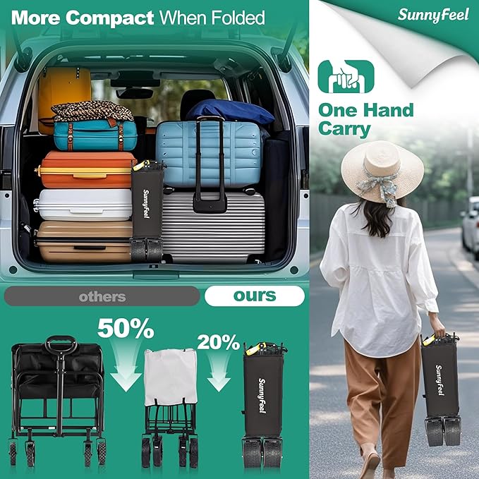 SUNNYFEEL Heavy Duty Collapsible Outdoor Utility Wagon Cart 500LB Capacity Adjustable Handlebar,Foldable Beach Wheels Stable Durable Oxford Fabric for Shopping Garden Camping (Black, Tall Version)