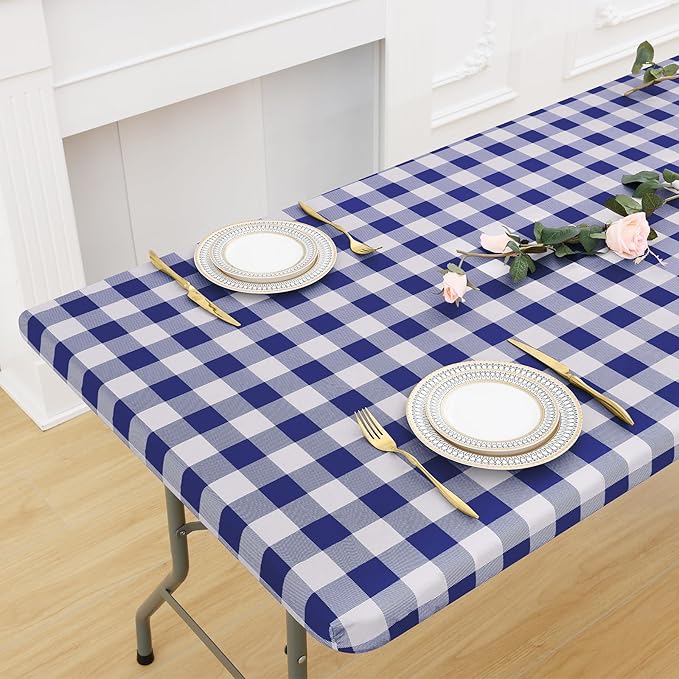 misaya Buffalo Rectangle Picnic Tablecloth, 6 Foot Elastic Fitted Vinyl Table Cloth with Flannel Backing, Waterproof Plaid Table Covers for Dining, Camping, Outdoor (Navy and White, 30" x 72")