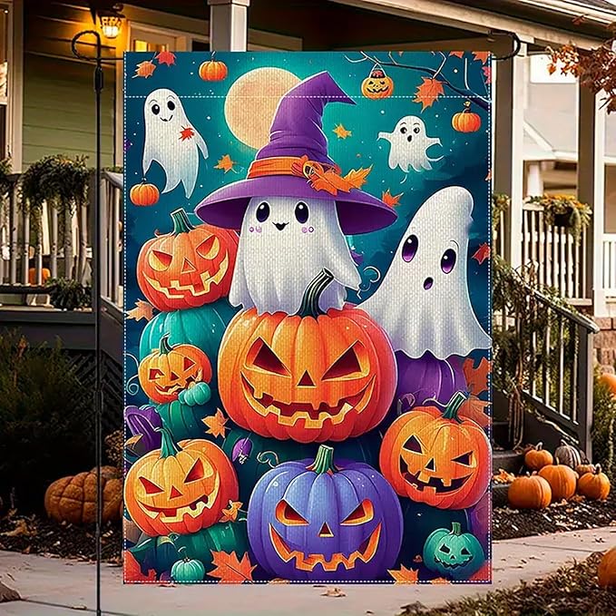 Halloween Garden Flag for Outside 12x18 Inch Double Sided, Pumpkin Ghost Small Yard Flags for Outside, Halloween Outdoor Flag Front Porch Decorations for Home