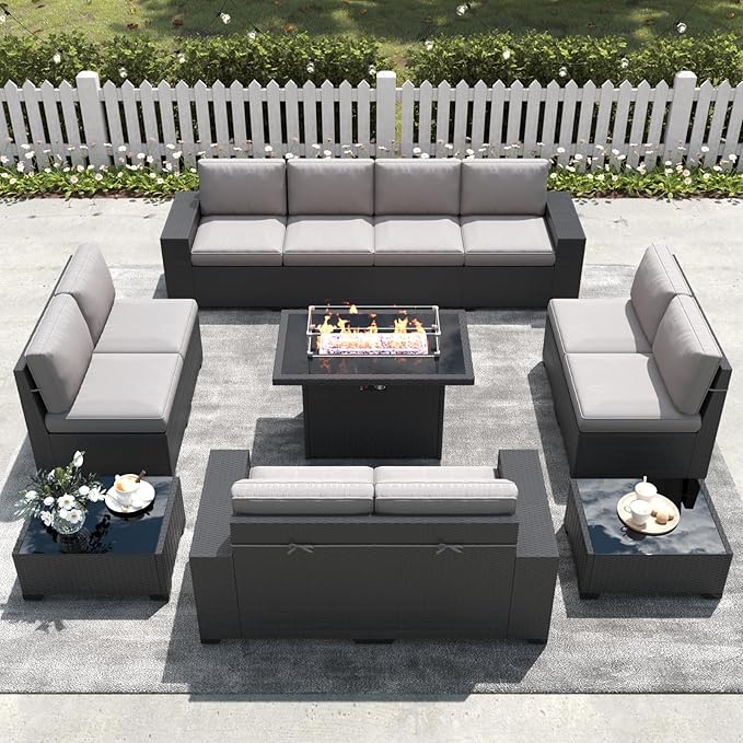 LayinSun 13 Pieces Outdoor Patio Furniture Set with 44" Fire Pit Table Rattan Sectional Sofa Conversation Sets