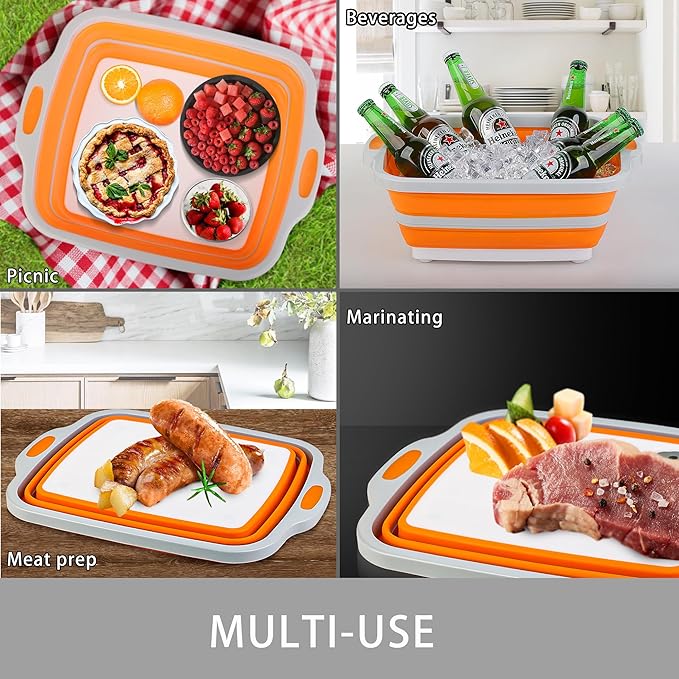 Collapsible Cutting Board with Container, Foldable Camping Sink with Colander, BBQ Prep Tub with Lid, Multifunction Dish Basin for Kitchen, Bowl, Vegetable and Fruit, 2.11 Gal/8L Storage Basket