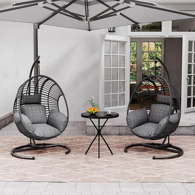 Hanging Egg Chair with Stand - Egg Swing Chair Outdoor Indoor Patio Wicker Chair Swing Hammock Egg Chairs 400lbs Capacity for Outside Patio, Bedroom, Garden and Balcony (Black-Regular, 2P)